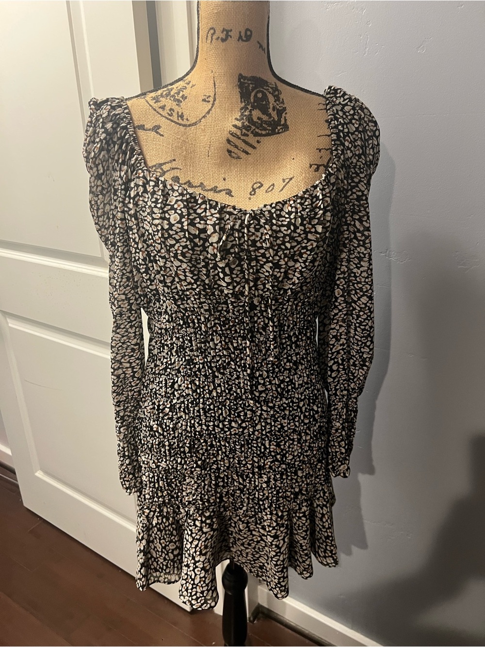 Smocked Long-Sleeve Black & Cream Floral Mini Dress